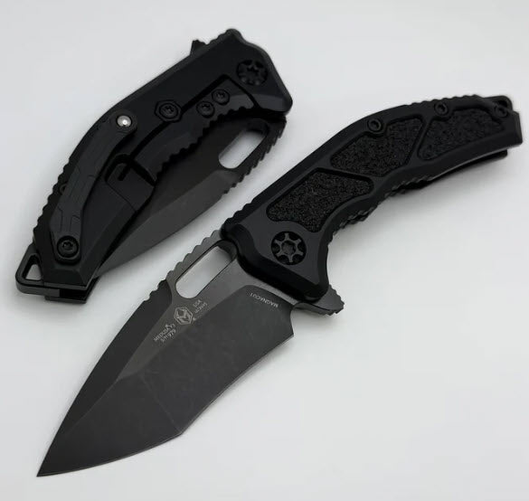 Heretic Knives Medusa Manual Black Aluminum Frame Lock w/ Grip Inlays & DLC MagnaCut Recurve H010-6A-T