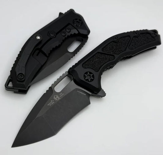 Heretic Knives Medusa Manual Black Aluminum Frame Lock w/ Grip Inlays & DLC MagnaCut Recurve H010-6A-T
