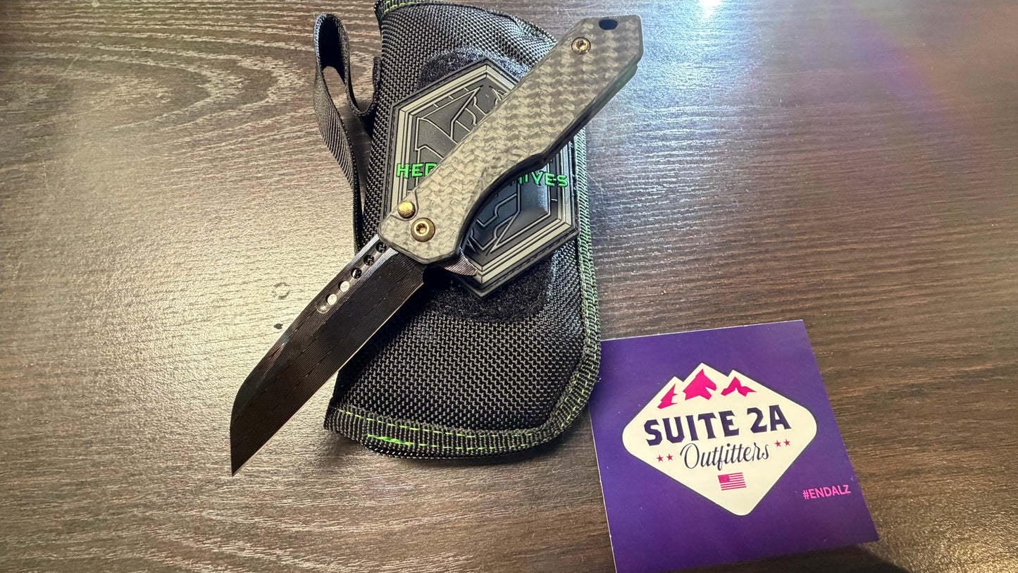 Heretic Knives Custom Jinn, Hand Ground Blued Vegas Forge Herringbone Blade, Carbon Fiber Chassis W/ Flamed Titanium Clip (S2A-01-0000001H)