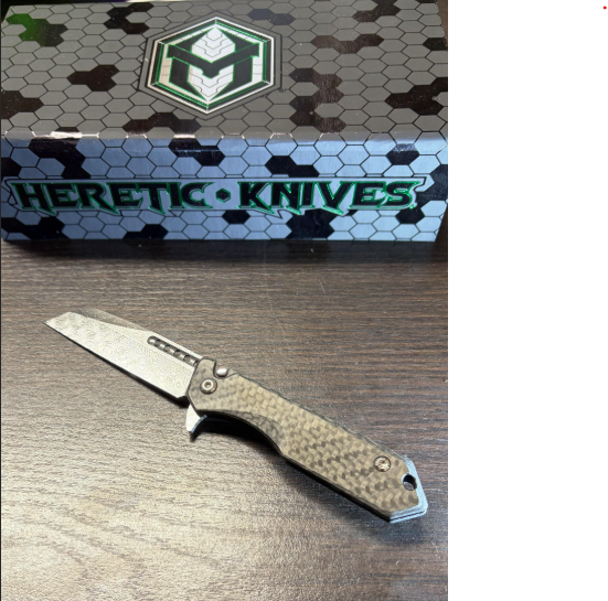 Heretic Knives Custom Wraith V4 Manual, Hand Ground Cracked Ice M390 Bowie Blade, Carbon Fiber Chassis W/ Abalone Button Inlay And Flamed Titanium (S2A-01-0000003H)