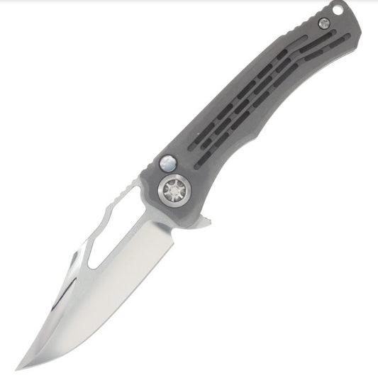 Wraith Manual hand ground bowie cracked ice m390 vented distressed titanium chassis mother of pearl inlay
