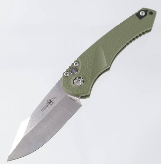 Heretic Mini Pariah Auto Single Edge - OD Green Polymer - Stonewash Magnacut - H054-2A-GRN