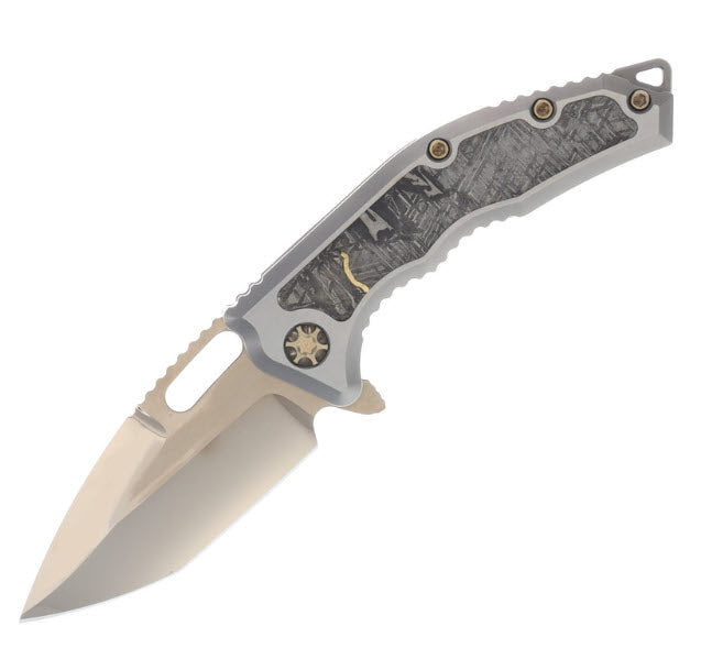 Heretic Medusa Folding Knife Magnacut Tanto/Cracked Ice and Bronze Titanium Chassis with Meteorite Gold Inlay and Bronze Hardware SS26002